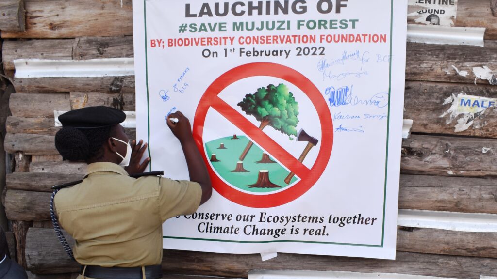 Masaka District DPC ASP Beatrice Kyoshabire endorsing campaign against depletion of Mujuzi forest reserve.