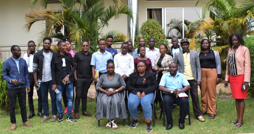 Journalists, Scientists and Health activists in a group after the MediaScience Cafe at Court Lane Hotel in Masaka City.