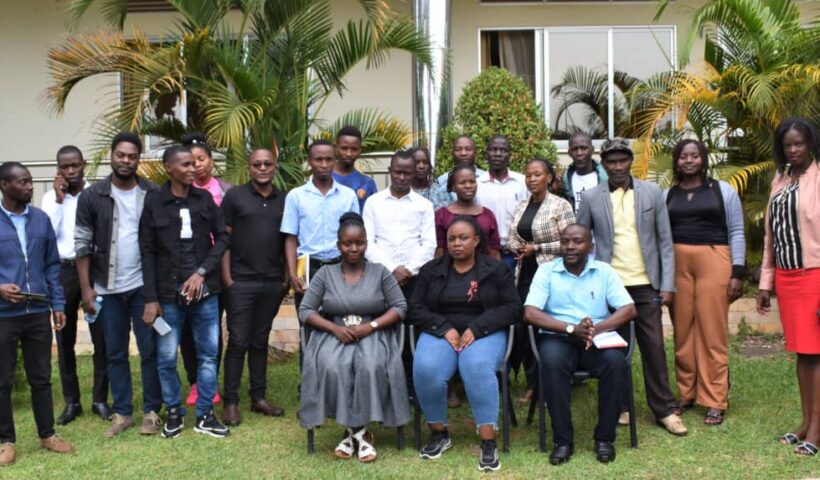 Journalists, Scientists and Health activists in a group after the MediaScience Cafe at Court Lane Hotel in Masaka City.