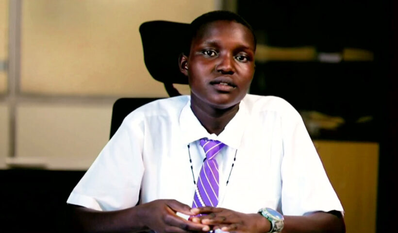 Santa Rose Mary, child rights advocate from Uganda, speaking at the HRC’s panel discussion on cyberbullying against children on 27 September 2023.