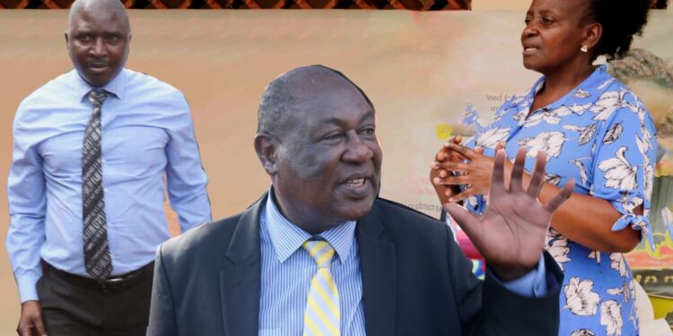 Robert Mbaziira, Mukono District Land Officer, Minister Sam Mayanja and Mukono CAO, Elizabeth Namanda.