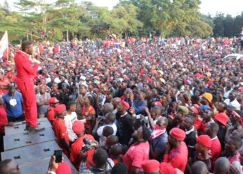 Kyagulanyi addressing a gathering of party members at Ntawo playground in Mukono Municipality