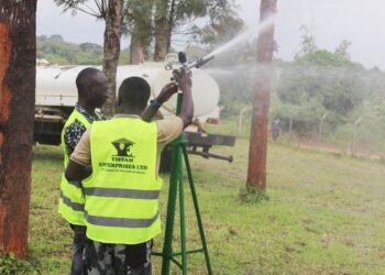 Irrigation equipment suppliers demonstrate to farmers how the technology works during the exhibition