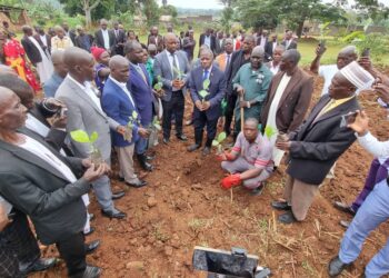 Ssekiboobo Vincent Matovu officiating coffee planting at Ngogwe Sub County