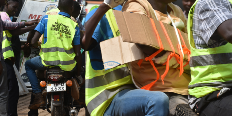 Bodaboda riders demonstrating how to save road accident victim.