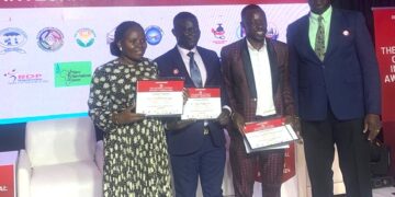 L-R MP Mawogola South (Sembabule)-Goreth Namugga, Councillor Amiri Kiggundu, COTFONE Coordinator-Kayinga Yisito Muddu and Mr Xavier Ejoyi, Country Director ActionAid International Uganda at the award event
