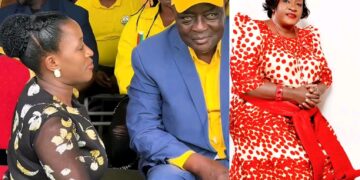 Justine Nameere kneels before her father as Rose Nalubowa is also seen kneeling.