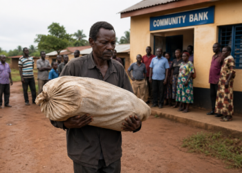 AI-generated image of a man carrying a bundled load outside a rural bank