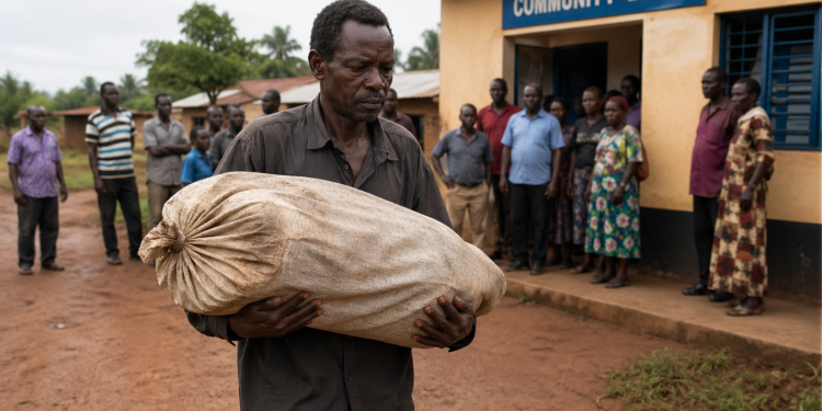 AI-generated image of a man carrying a bundled load outside a rural bank