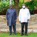 President Yoweri Museveni poses for a photo with Nigerian businessman Aliko Dangote after discussions on the proposed East African regional refinery at Nakasero.