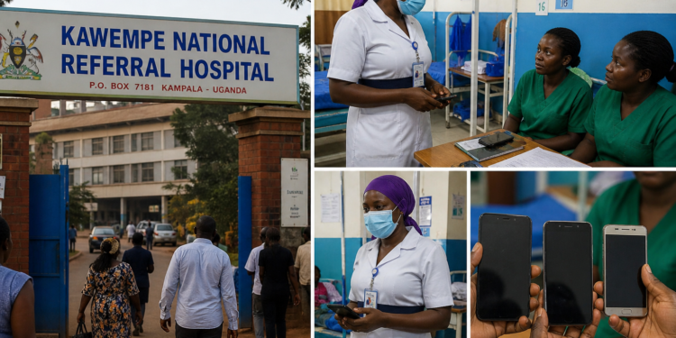 image showing scenes from Kawempe National Referral Hospital, including the hospital entrance with people walking in, nurses interacting with patients inside the wards, and close-up shots of health workers holding mobile phones, illustrating the incident.