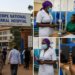 image showing scenes from Kawempe National Referral Hospital, including the hospital entrance with people walking in, nurses interacting with patients inside the wards, and close-up shots of health workers holding mobile phones, illustrating the incident.