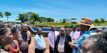 Omulangira Wasajja, together with a team from Buganda Land Board led by the Chief Executive Officer, Omuk. Simon Kabogoza, Mr. Denis Bugaya, the Senior Manager Operations, Mr. Ssonko Lamech, the Lease Manager, and Mr. Namuyimba Brian, the Area Manager Kyaggwe, inspect Katosi Landing Site to establish the activities taking place there. File photo.