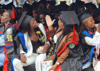 Graduates celebrate after being awarded diplomas and certificates during the 13th graduation ceremony at St. Francis Schools of Health and Allied Sciences in Mukono.