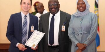 Starlink's Ryan Goodnight with ED UCC and Permanent Secretary of Ministry of ICT Aminah Zawedde.