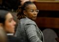 Former Richneck Elementary School assistant principal Ebony Parker looks back into the courtroom during Abigail Zwerner’s lawsuit against her.