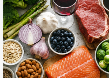 A selection of foods including salmon, garlic, broccoli, asparagus, berries and red meat, pictured in relation to research on how diet can influence natural body odour and perceived attractiveness.