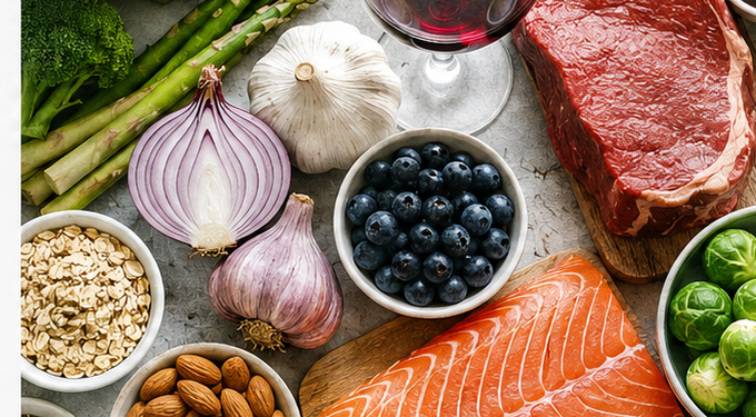 A selection of foods including salmon, garlic, broccoli, asparagus, berries and red meat, pictured in relation to research on how diet can influence natural body odour and perceived attractiveness.