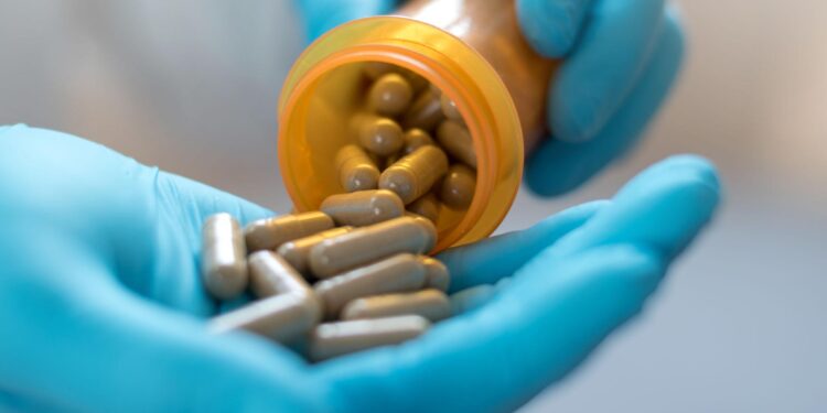 Herbal alternative medicine in capsules in prescription hospital bottle in doctor hand. Organic herb drug for natural treatment