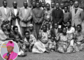 Bishop Misaeri Kauma during a visit to Namugongo Church in an undated photo. Rev. Godfrey Bazira is third from the right in the front row standing while the circled figure is Archbishop Stephen Kaziimba Mugalu.