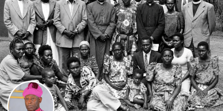 Bishop Misaeri Kauma during a visit to Namugongo Church in an undated photo. Rev. Godfrey Bazira is third from the right in the front row standing while the circled figure is Archbishop Stephen Kaziimba Mugalu.