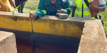 NEMA inspectors carry out an environmental compliance inspection at NYTIL’s facility in Buikwe District following allegations of industrial effluent discharge into neighbouring land and the River Nile.