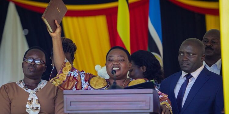 Prime Minister Robinah Nabbanja takes the oath of office during the swearing-in ceremony at State House, Entebbe