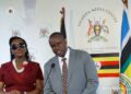 Minister of Local Government Balaam Barugahara Ateenyi and Nameere during a press briefing on the extension of LC1 and LC2 leaders' tenure.