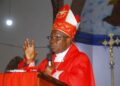 Bishop Serverus Jjumba of Masaka Diocese delivers a homily at Kitovu Cathedral during Uganda Martyrs’ commemorations, calling for renewed faith, unity, and self-reliance among Christians.