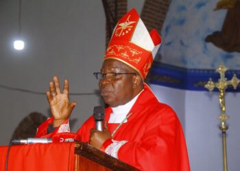 Bishop Serverus Jjumba of Masaka Diocese delivers a homily at Kitovu Cathedral during Uganda Martyrs’ commemorations, calling for renewed faith, unity, and self-reliance among Christians.