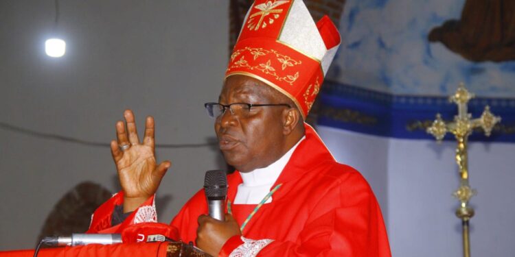 Bishop Serverus Jjumba of Masaka Diocese delivers a homily at Kitovu Cathedral during Uganda Martyrs’ commemorations, calling for renewed faith, unity, and self-reliance among Christians.
