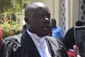 Defense lawyer - Sam Ssekyewa, speaking to journalists after one of the court sessions