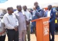 Mukono District leaders address residents at Katosi Landing Site after a meeting with officials from the Ministry of Works and Transport on the delayed commissioning of the proposed Katosi-Koome ferry service.