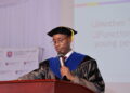 Prof. Aaron Mushengyezi delivers his inaugural lecture at UCU’s Nkoyoyo Hall, focusing on how orature is evolving in the digital age.