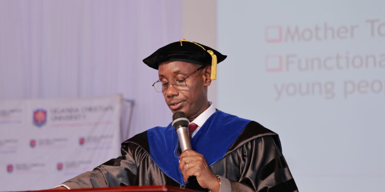 Prof. Aaron Mushengyezi delivers his inaugural lecture at UCU’s Nkoyoyo Hall, focusing on how orature is evolving in the digital age.