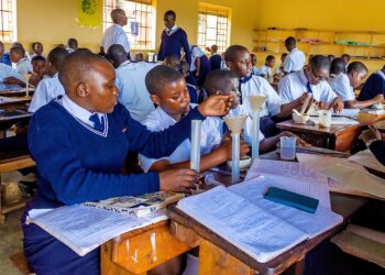 Students conduct a science practical lesson in a secondary school laboratory. File Photos.