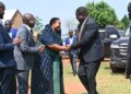 Minister for the Presidency, Hon. Babirye Milly Babalanda, welcomes the Speaker of Parliament, Rt. Hon. Jacob Oboth Oboth, during the thanksgiving service for Bugweri County MP Hon. Hajji Wandera Sadara.