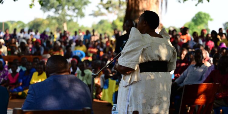 Minister for the Presidency, Babirye Milly Babalanda, speaks to residents during a Parish Development Model (PDM) assessment tour in Buyende District.