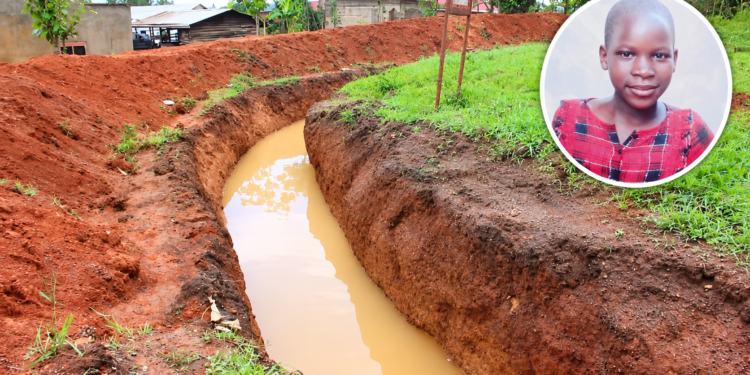 Jesca Nalujja, the 12-year-old girl who reportedly died after falling into an uncovered pit at the GLA Stone Quarry in Kiwugo Village, Nakisunga Sub-county, Mukono District, is pictured in a circle alongside part of the trench leading to the quarry site.
